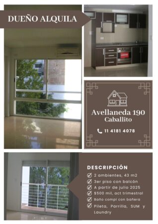 DUEÑO ALQUILA – DOS AMBIENTES – CABALLITO Avellaneda 190