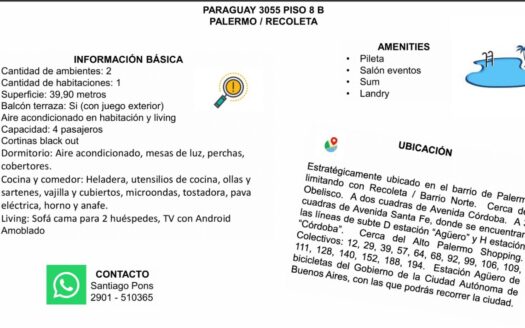 Alquiler depto Palermo USD800